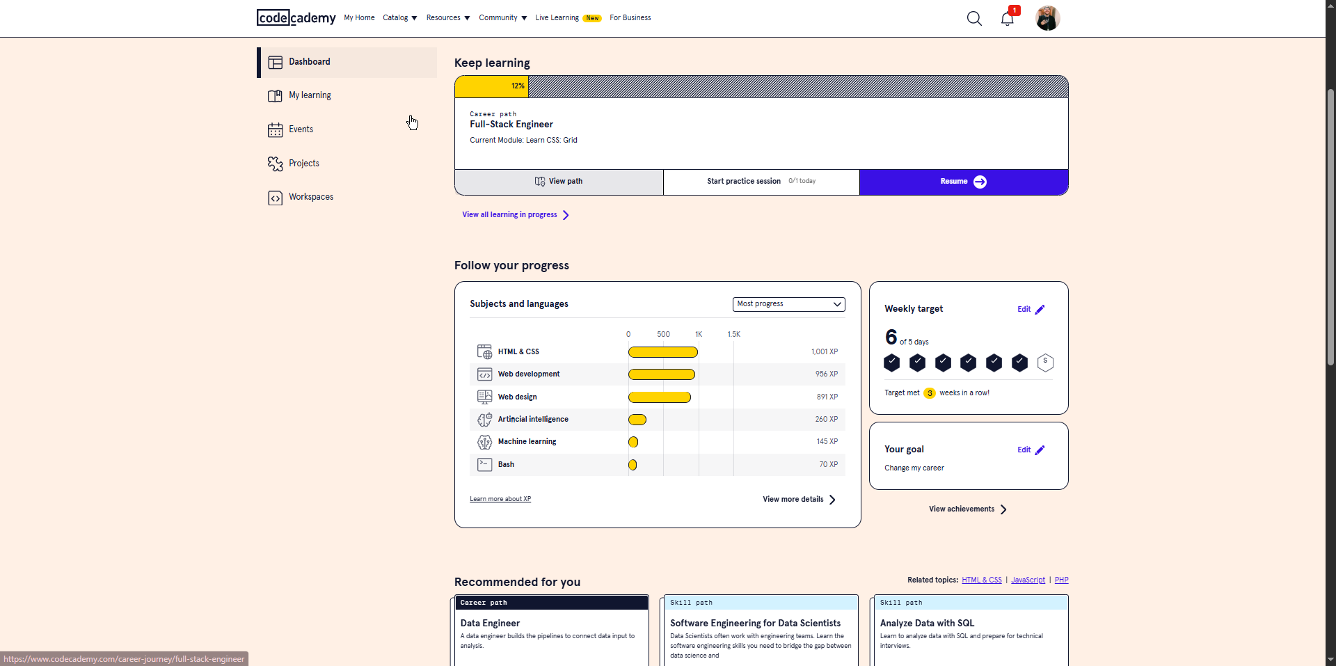 Codecademy Dashboard