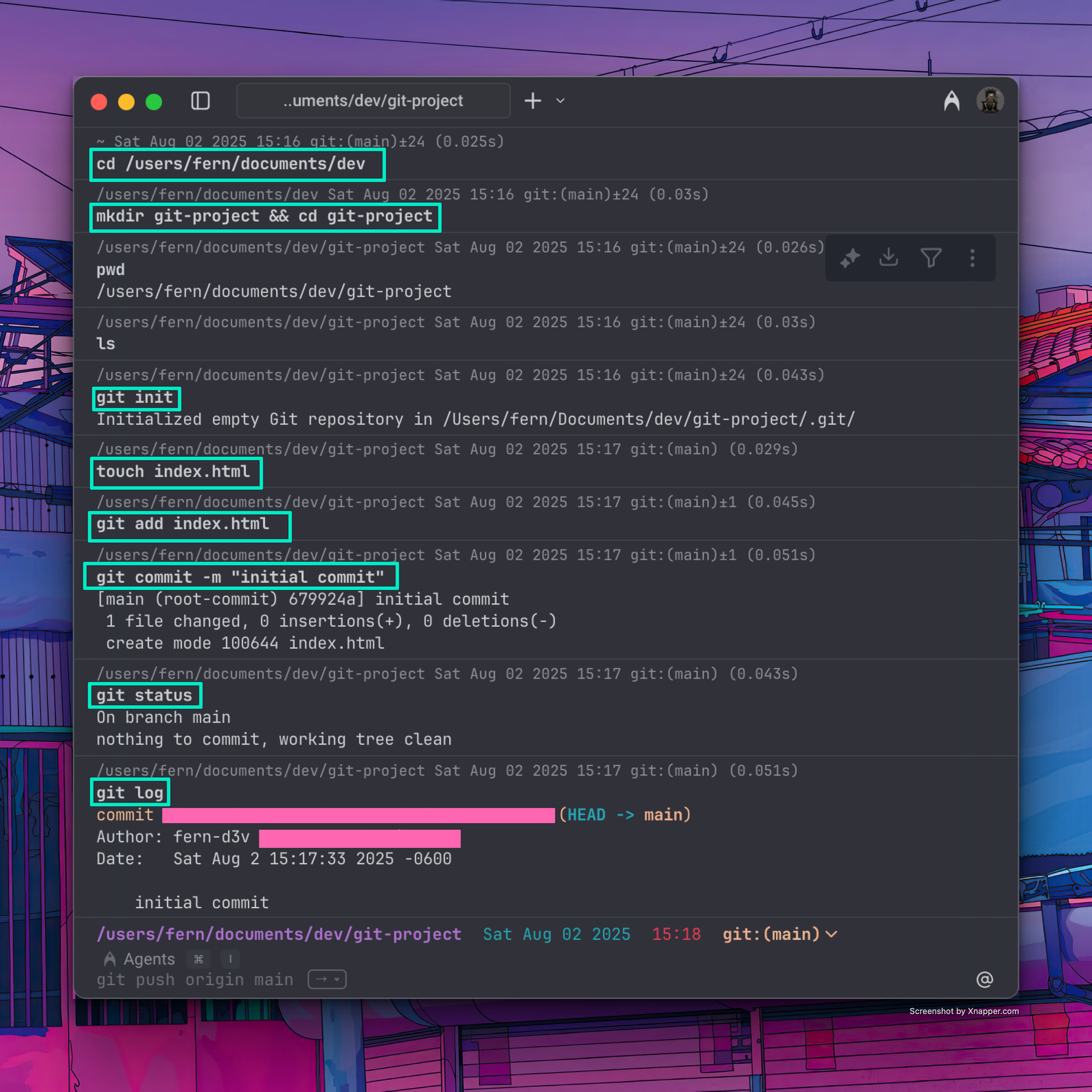 git commands in the terminal