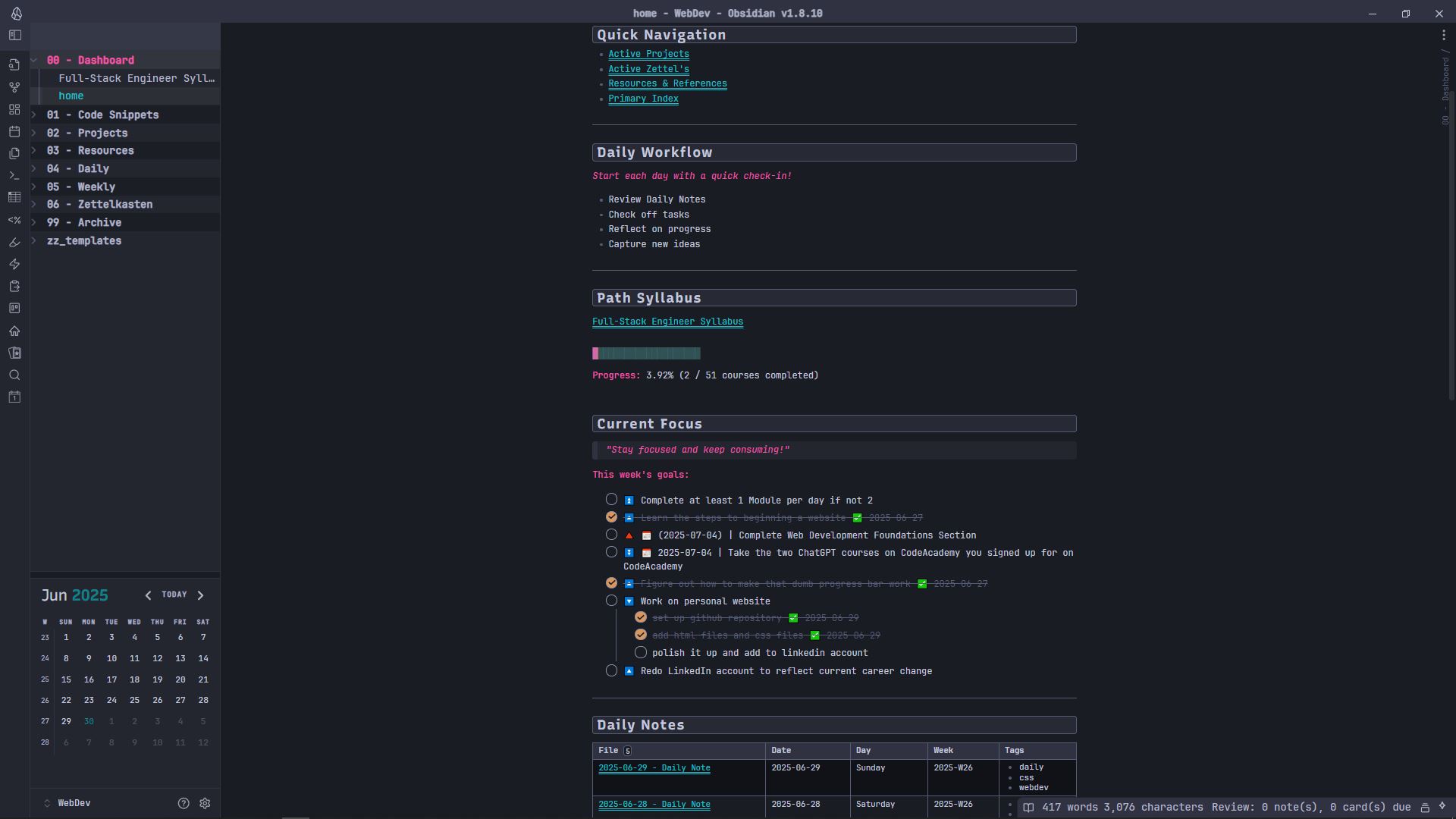 obsidian home page for webdev
